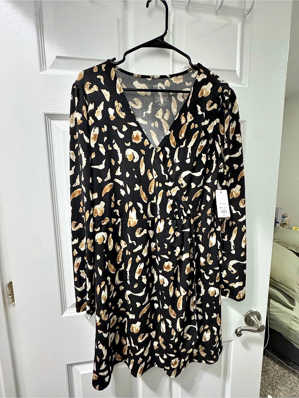 Nine West Animal Print Mini Dress in Black & Brown Size Large NWT